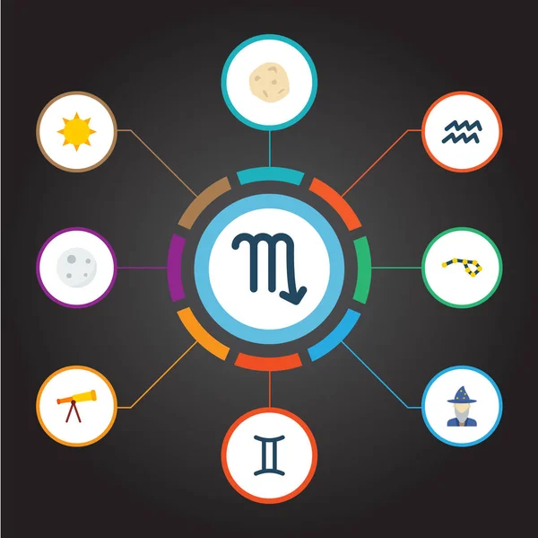 占星術師、望遠鏡、スコーピオン web モバイル アプリのロゴ デザインのため他のアイコンと占星術アイコン フラット スタイルのシンボルのセット. — ストックベクタ