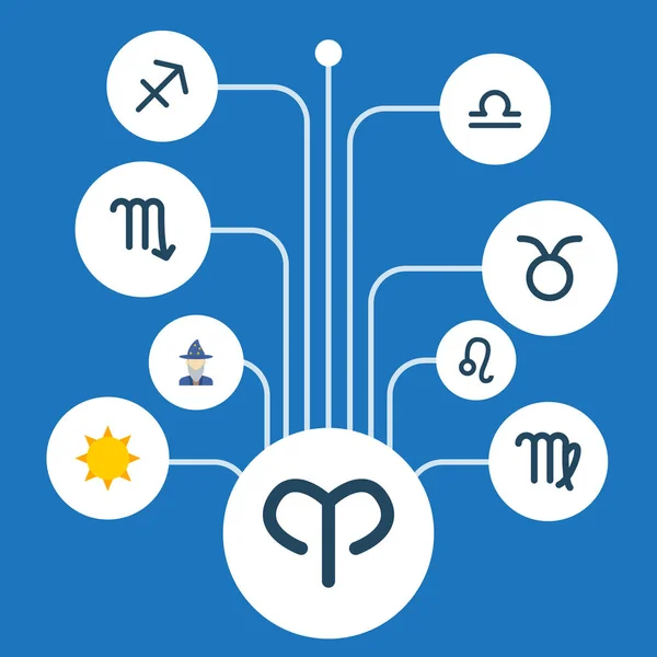 Set von Galaxie-Symbolen flache Stilsymbole mit Jungfrau, Sonne, Aries und anderen Symbolen für Ihr Web-Logo-Design für mobile Apps. — Stockvektor