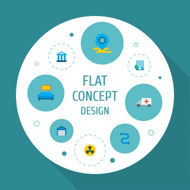 Boru hattı, mahkeme, konum ve diğer simgeler web mobil app logo tasarımı için akıllı şehir simgeler düz stil sembollerle kümesi.