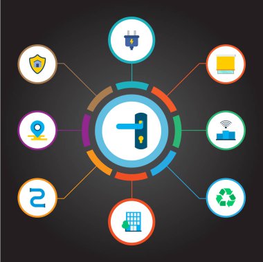 Koruma, bina, kapı kilidi ve diğer simgeler web mobil app logo tasarımı için teknoloji simgeler düz stil sembollerle kümesi.