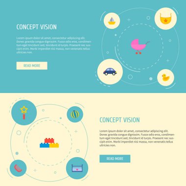 Bebek simgeler düz stil sembolleri ördek oyuncak, Bebek arabası, Bebek tarak ve web mobil app logo tasarımı için diğer simgeler kümesi.