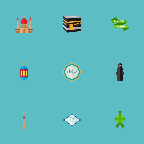 Conjunto de iconos religiosos símbolos de estilo plano con mezquita, póster, ketupat y otros iconos para el diseño del logotipo de su aplicación móvil web . — Foto de Stock