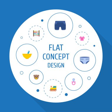 Bebek simgeler düz stil sembollerle NIP, Bebek şort, oyuncak ayı ve web mobil app logo tasarımı için diğer simgeler kümesi.