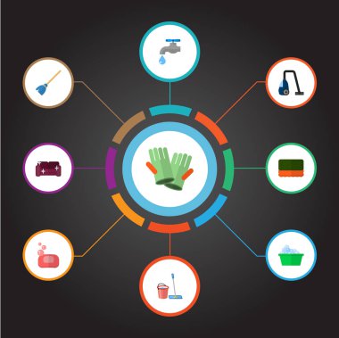 Simgeler düz stil sembollerle sabun, sünger, elektrik süpürgesi ve diğer simgeler web mobil app logo tasarımı için temizlik seti.