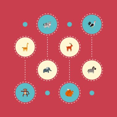 İnek, geyik, zebra ve diğer simgeler web mobil app logo tasarımı için Hayvanat Bahçesi simgeler düz stil sembollerle kümesi.