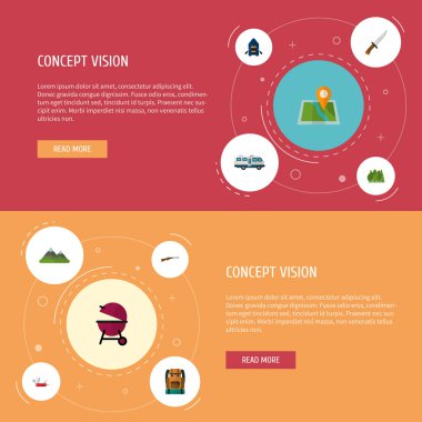 Barbekü, sırt çantası, camper van ve diğer simgeler web mobil app logo tasarımı için kamp simgeler düz stil sembollerle kümesi.
