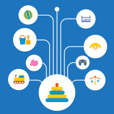 Bebek simgeler düz stil sembollerle bebek, tren, top ve web mobil app logo tasarımı için diğer simgeler kümesi.