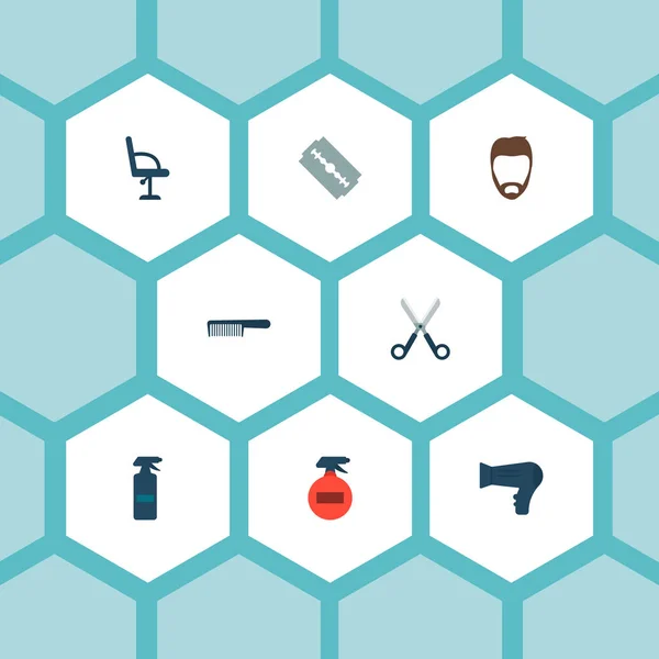 Набор иконок парикмахерской плоский стиль символов с лезвием, гребень, парикмахерская мебель и другие иконки для дизайна логотипа вашего веб-мобильного приложения . — стоковый вектор