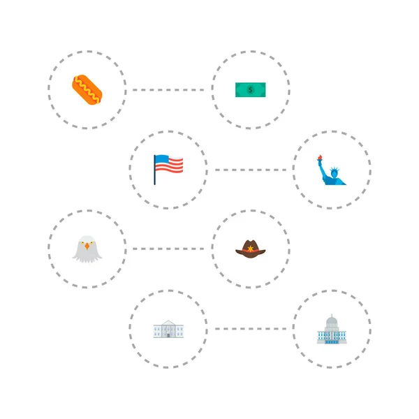Conjunto de ícones da América símbolos de estilo plano com bandeira, edifício do governo, chapéu de xerife e outros ícones para o seu design de logotipo de aplicativo móvel da web . —  Vetores de Stock