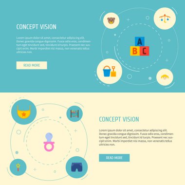 Oyuncak, oyuncak ayı, boncuk ve diğer simgeler web mobil app logo tasarımı için bebek simgeler düz stil sembollerle kümesi.