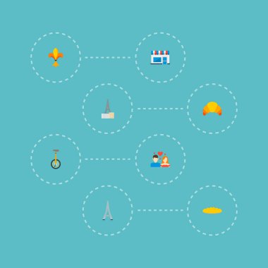 Kafe, eiffel, fleur de lis ve diğer simgeler web mobil app logo tasarımı için Fransa simgeler düz stil sembollerle kümesi.