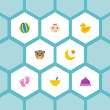 Bebek simgeler düz stil sembollerle topu, oyuncak ayı, kız bebek ve web mobil app logo tasarımı için diğer simgeler kümesi.