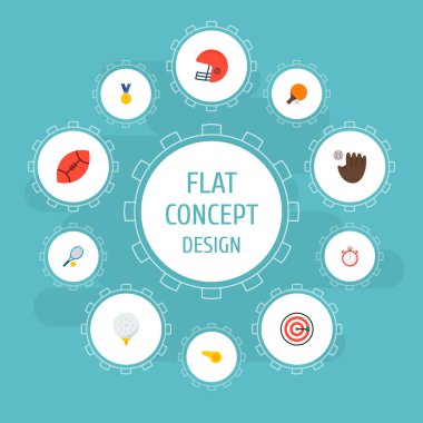 Kronometre, kanca, ping pong ve diğer simgeler web mobil app logo tasarımı için faaliyet simgeleri düz stil sembollerle kümesi.