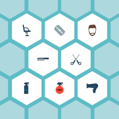 Blade, tarak, berber mobilya ve diğer simgeler web mobil app logo tasarımı için Kuaför simgeler düz stil sembollerle kümesi.