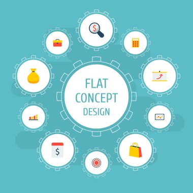 Diyagramı, evrak çantası, mali araştırma ve diğer simgeler web mobil app logo tasarımı için ticaret simgeler düz stil sembollerle kümesi.