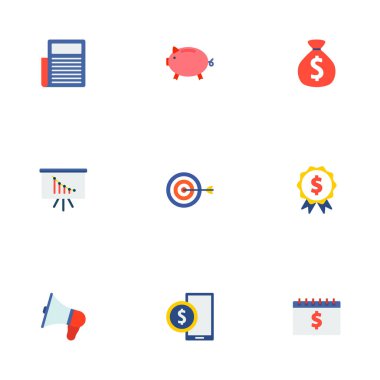 Finansal simgeler düz stil sembollerle haber, hoparlör, kumbara ve web mobil app logo tasarımı için diğer simgeler kümesi.