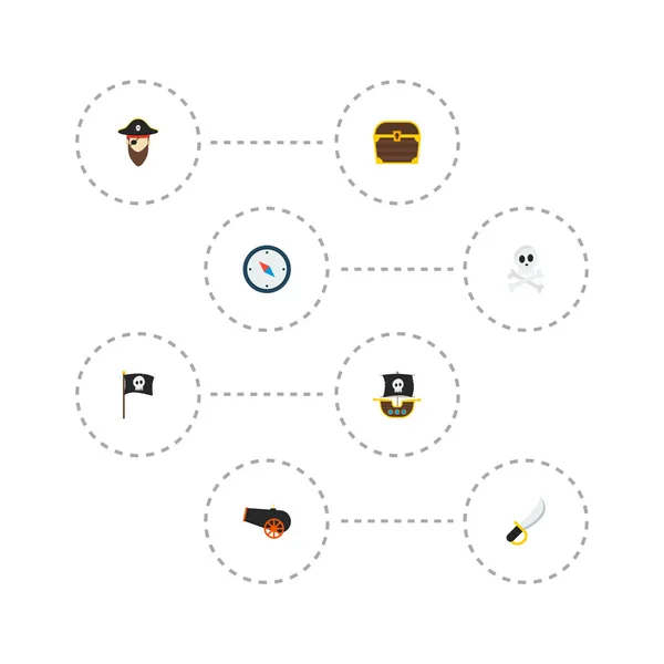 Conjunto de ícones de piratas símbolos de estilo plano com pirata, canhão, tesouro e outros ícones para o seu design de logotipo de aplicativo móvel web . —  Vetores de Stock