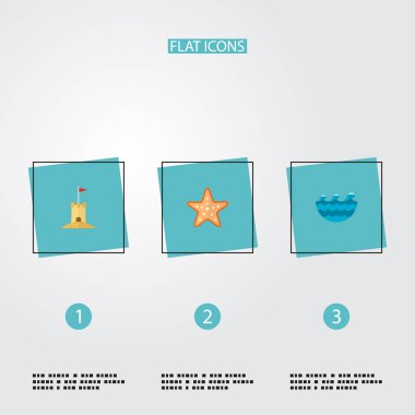 Kum, deniz yıldızı, dalgalar simgeler web mobil app logo tasarımı için yaz simgeler düz stil sembollerle kümesi.