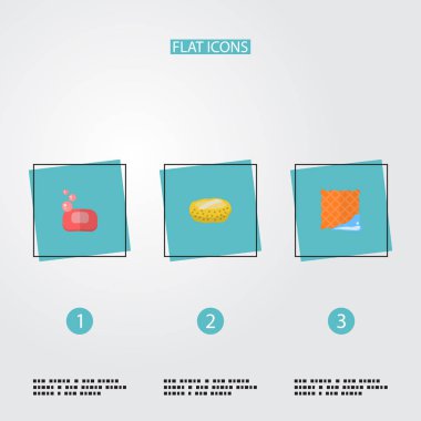 Simgeler düz stil sembollerle temiz bez, WISP, sabun ve diğer simgeler web mobil app logo tasarımı için temizlik seti.