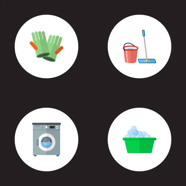 Set pictogrammen vlakke stijl symbolen met emmer met wegbezemen, wasmachine, schoonmaken handschoenen en andere pictogrammen voor uw web mobiele app logo ontwerp schoonmaken. — Stockvector