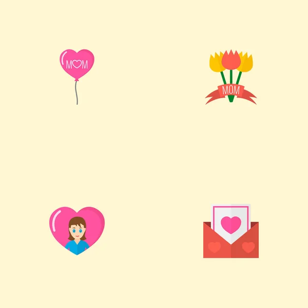 母亲节快乐图标平面布局设计与爱的妈妈, 明信片和气球符号。可爱的妈妈美丽的女性设计为社会, 网页和印刷品. — 图库矢量图片