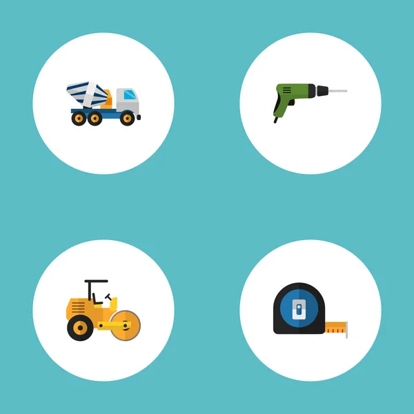 Conjunto de iconos de la industria símbolos de estilo plano con rodillo de carretera, hormigonera, taladro y otros iconos para el diseño del logotipo de su aplicación móvil web . — Vector de stock