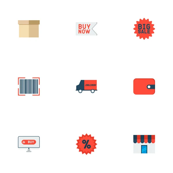 Conjunto de ícones de compras símbolos de estilo plano com carteira, publicidade, caixa e outros ícones para o seu design de logotipo de aplicativo móvel da web . —  Vetores de Stock