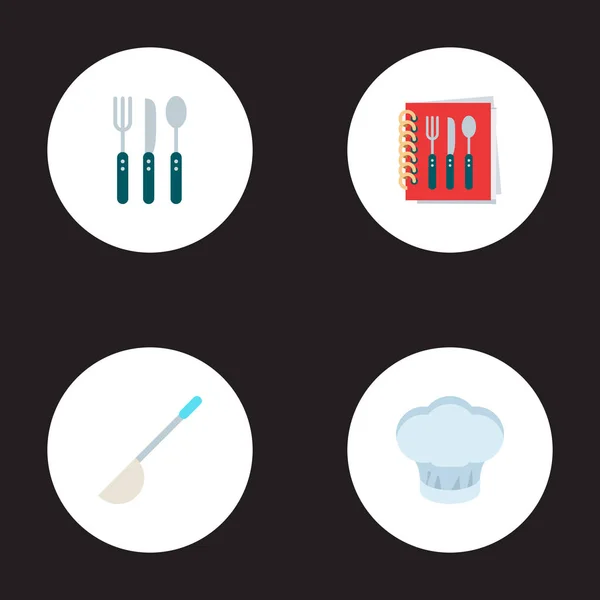 Набір символів кухонних піктограм плоского стилю з шапочкою для приготування їжі, ковдрою, столовими приборами та іншими піктограмами для дизайну логотипу вашого мобільного додатка . — стоковий вектор