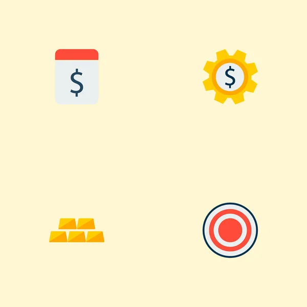 Набір фінансових піктограм символів плоского стилю з ціллю, золотом, встановленими грошима та іншими піктограмами для дизайну логотипу вашого мобільного додатка . — стоковий вектор
