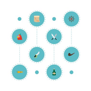 Spyglass, İçilmeyen boru, kara leke ve diğer simgeler web mobil app logo tasarımı için korsan simgeler düz stil sembollerle kümesi.