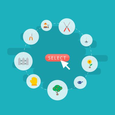 Harrow, çit, meyve ağacı ve diğer simgeler web mobil app logo tasarımı için tarım simgeler düz stil sembollerle kümesi.