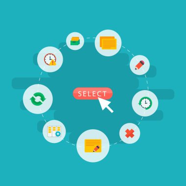 İptal, günlük zaman, son tarih ve diğer simgeler web mobil app logo tasarımı için yönetim simgeleri düz stil sembollerle kümesi.