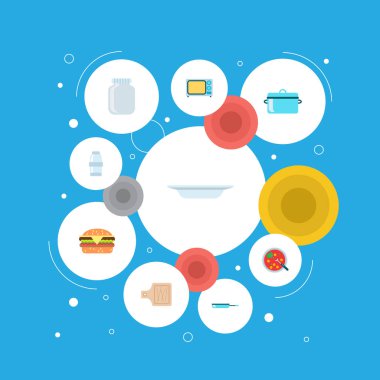 Gastronomi simgeler düz stil sembolleri pan, mikrodalga, kesme tahtası ve web mobil app logo tasarımı için diğer simgeler kümesi.