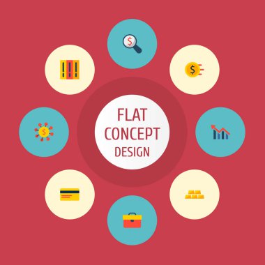 Evrak çantası, altın, banka kartı ve diğer simgeler web mobil app logo tasarımı için finans simgeler düz stil sembollerle kümesi.