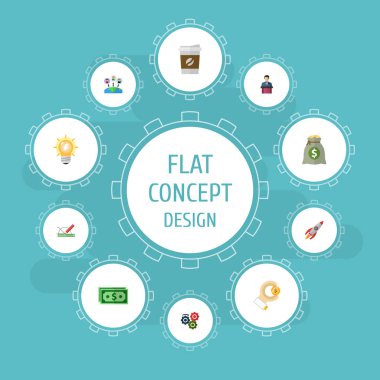 Fikir, geliştirme, denize indirmek ve diğer simgeler web mobil app logo tasarımı için başlangıç simgeleri düz stil sembollerle kümesi.