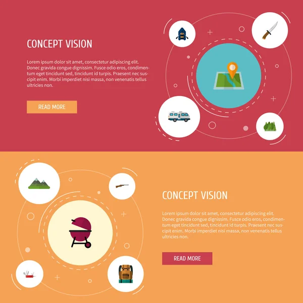 一套露营图标平面风格符号与烧烤, 背包, 露营车和其他图标为您的 web 移动应用程序徽标设计. — 图库照片