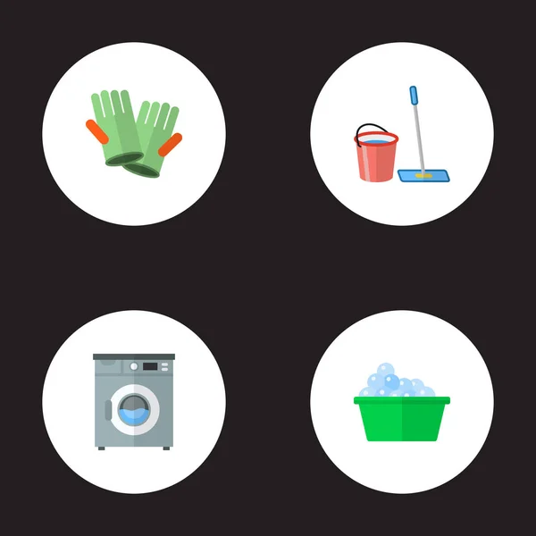 一套清洁图标平面式符号与水桶与扫把, 洗衣机, 清洁手套和其他图标为您的 web 移动应用程序徽标设计. — 图库照片