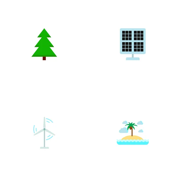 Sada symbolů ploché styl ikony prostředí s ostrov, větrný mlýn energie, solární panel ikony pro váš web mobilní aplikace loga design. — Stock fotografie