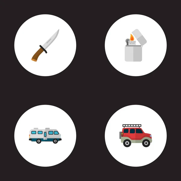 Набор иконок для кемпинга в плоском стиле с зажигалкой, ножом, фургоном для кемпинга и другими иконками для дизайна логотипа вашего веб-приложения . — стоковое фото