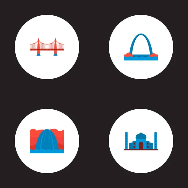 Sevärdheter ikoner platt stil symboler med gateway arch, golden gate, niagara falls och andra ikoner för din mobilapp logotyp webbdesign. — Stockfoto