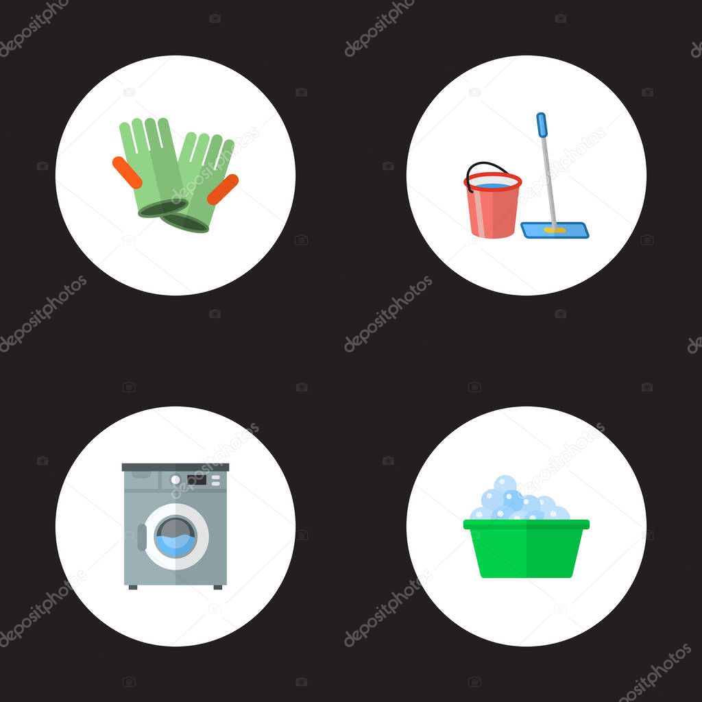 Set of cleaning icons flat style symbols with bucket with besom, washing machine, cleaning gloves and other icons for your web mobile app logo design.