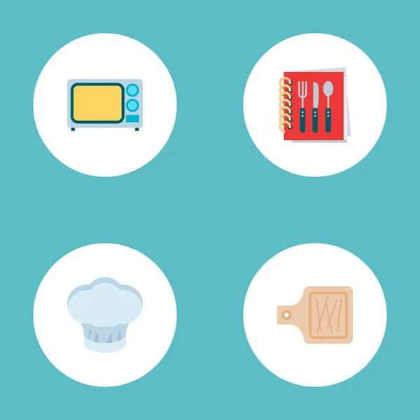 Conjunto de ícones de cozinha símbolos de estilo plano com microondas, tampa de cozinha, placa de corte e outros ícones para o design do logotipo do seu aplicativo móvel web . — Vetor de Stock