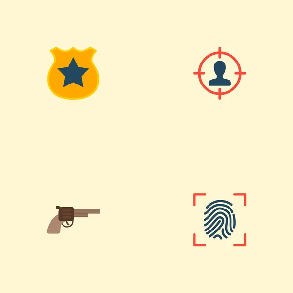 Set ikon kejahatan gaya datar simbol dengan sidik jari, tersangka, pistol dan ikon lain untuk desain logo web mobile Anda . - Stok Vektor