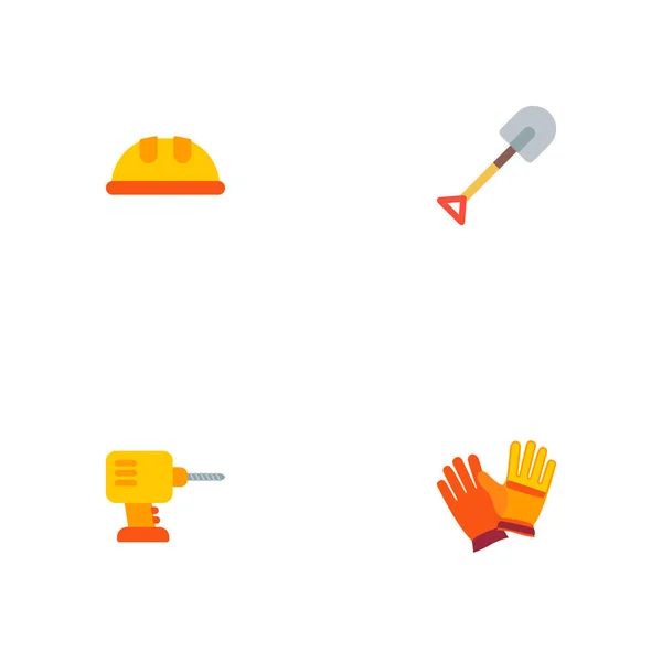 Conjunto de iconos de la industria símbolos de estilo plano con taladro eléctrico, guantes de trabajador, pala y otros iconos para el diseño del logotipo de su aplicación móvil web . — Vector de stock