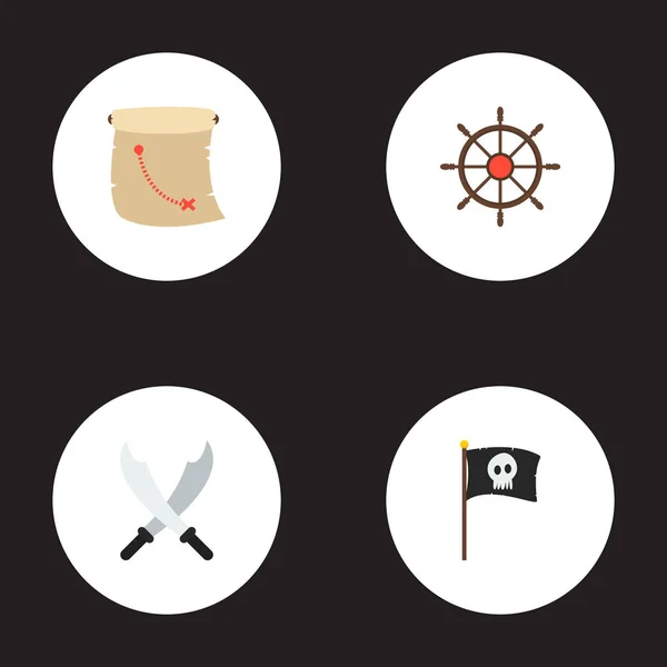 ヘルム、地図作成、フラグ、web モバイル アプリのロゴ デザインの他のアイコンを制御する海賊アイコン フラット スタイル記号のセット. — ストックベクタ
