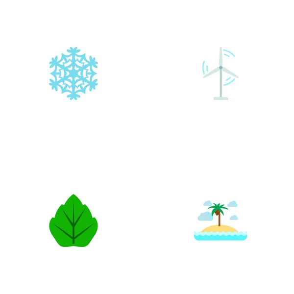 Σύνολο φύση επίπεδη στυλ εικονίδια συμβόλων με νησί, νιφάδα χιονιού, ενέργεια Ανεμόμυλος εικόνες για το σχεδιασμό λογοτύπου σας web εφαρμογή για κινητά. — Διανυσματικό Αρχείο