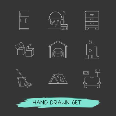 Tasarım simgeler çizgi stili sembollerle başucundaki, kutuları, garaj ve diğer simgeler web mobil app logo tasarımı için kümesi.