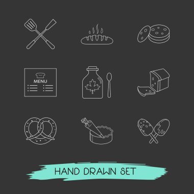 Gıda simgeler çizgi stili sembolleri şurubu, sıcak ekmek, spatula ve diğer simgeler web mobil app logo tasarımı için kümesi.