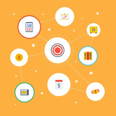 Kütüphane, sunum, hesap makinesi ve diğer simgeler web mobil app logo tasarımı için ticaret simgeler düz stil sembollerle kümesi.