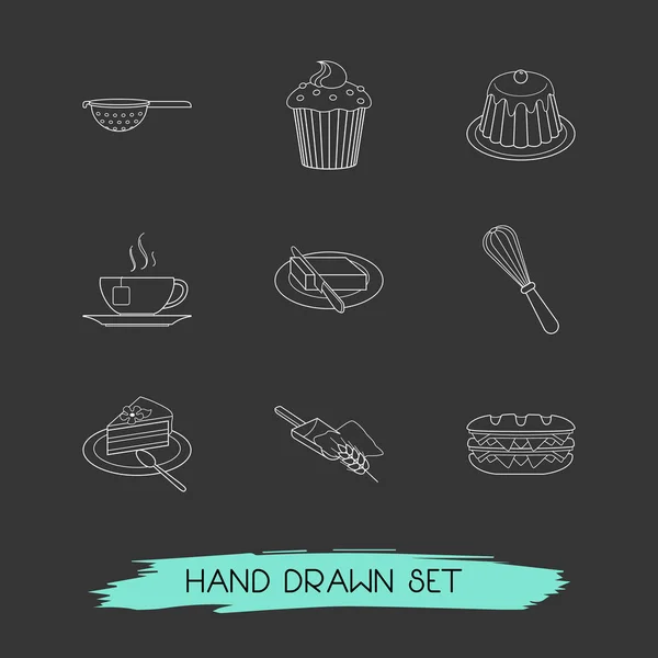 Conjunto de iconos de panadería símbolos de estilo de línea con taza de té, colador, iconos de harina para el diseño del logotipo de su aplicación móvil web . — Vector de stock